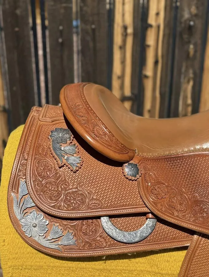 Bob's Custom Saddle — 16" Seat — Tan Leather, Sterling Silver — Cantle Skirt Detail