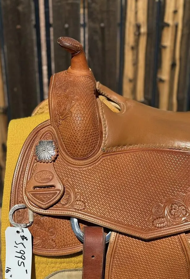 Bob's Custom Saddle — 16" Seat — Tan Leather, Sterling Silver — Horn Badge Left