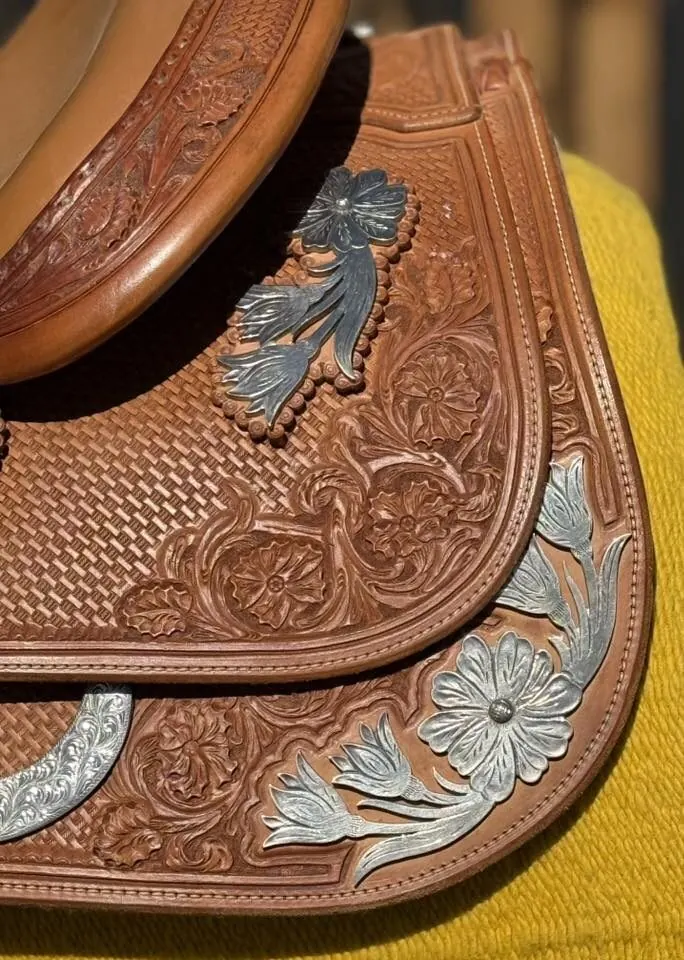Bob's Custom Saddle — 16" Seat — Tan Leather, Sterling Silver — Skirt Corner Close