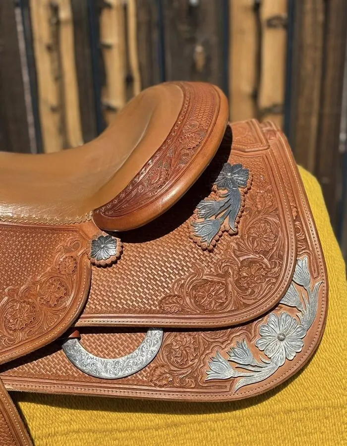 Bob's Custom Saddle — 16" Seat — Tan Leather, Sterling Silver — Skirt Silver Right