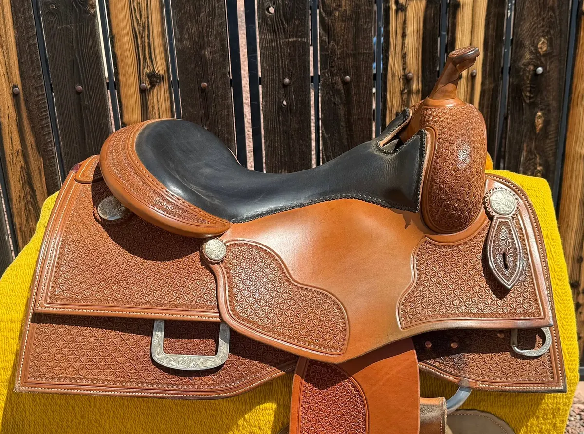 Kyle Tack Reiner — 16" Seat, 6¾" Gullet, Silver Conchos & Rear Dees — Nearside Top